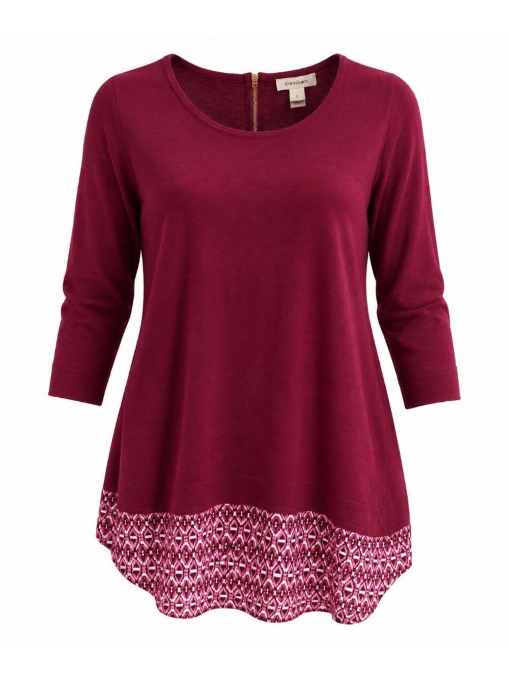 Dressbarn Size L Burgundy Geometric Hem Tunic Sweater Three Quarter Sleeve Shirt